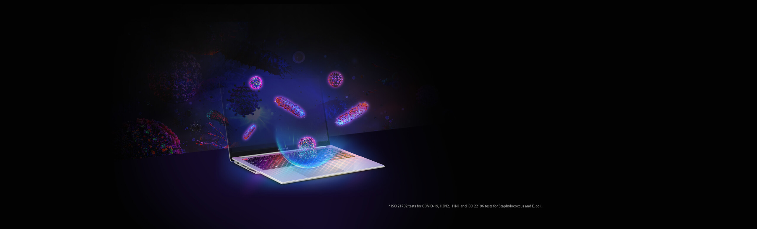 Front right view of an ASUS Antimicrobial Technology-treated laptop shows viruses and bacteria being destroyed by contact with the keyboard