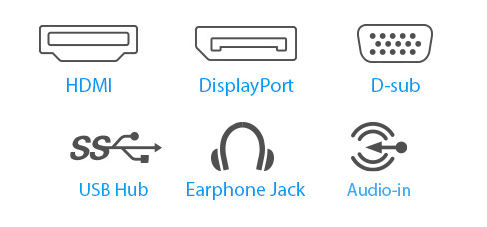 VA24DQSB 配备多种连接方式，包括 HDMI、DisplayPort、DVI-D、D-sub 及 2 个 USB 3.0 端口。